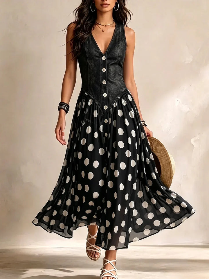 Ornella - Abito Lungo Denim a Pois, colore Nero