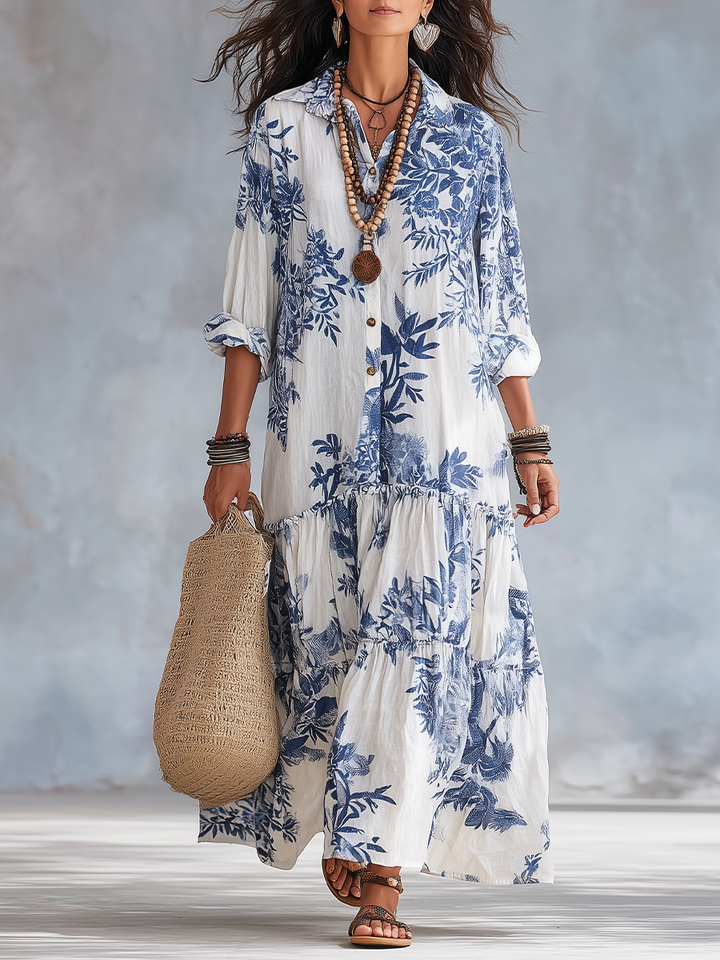 Abito Maxi Bohémien A Fiori Blu Con Abbottonatura Frontale