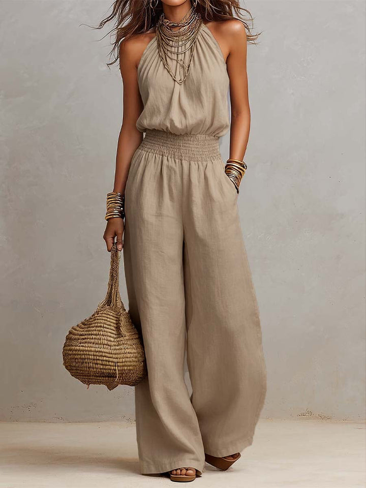 Federica - Tuta con Collo Halter e Pantalone Ampio - Kaki
