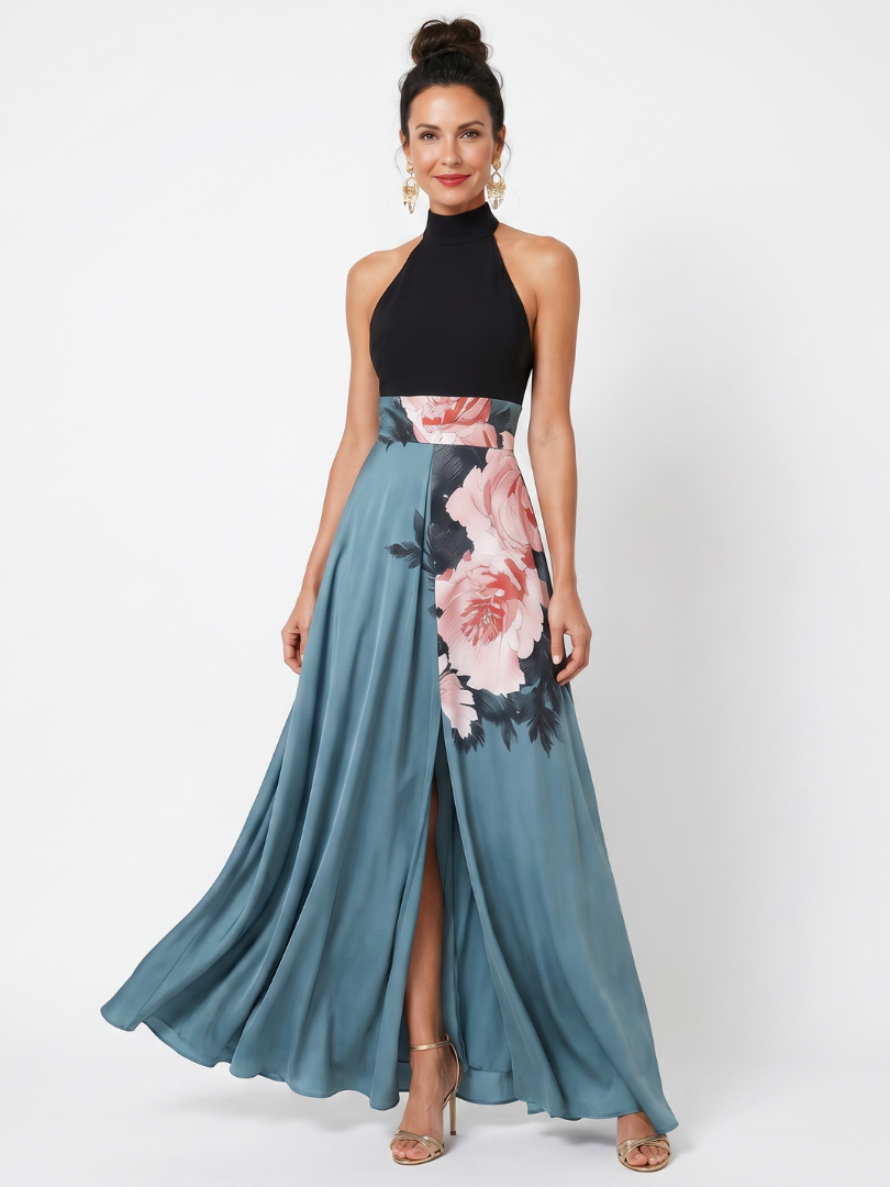 Abito maxi floreale con collo all'americana - 1