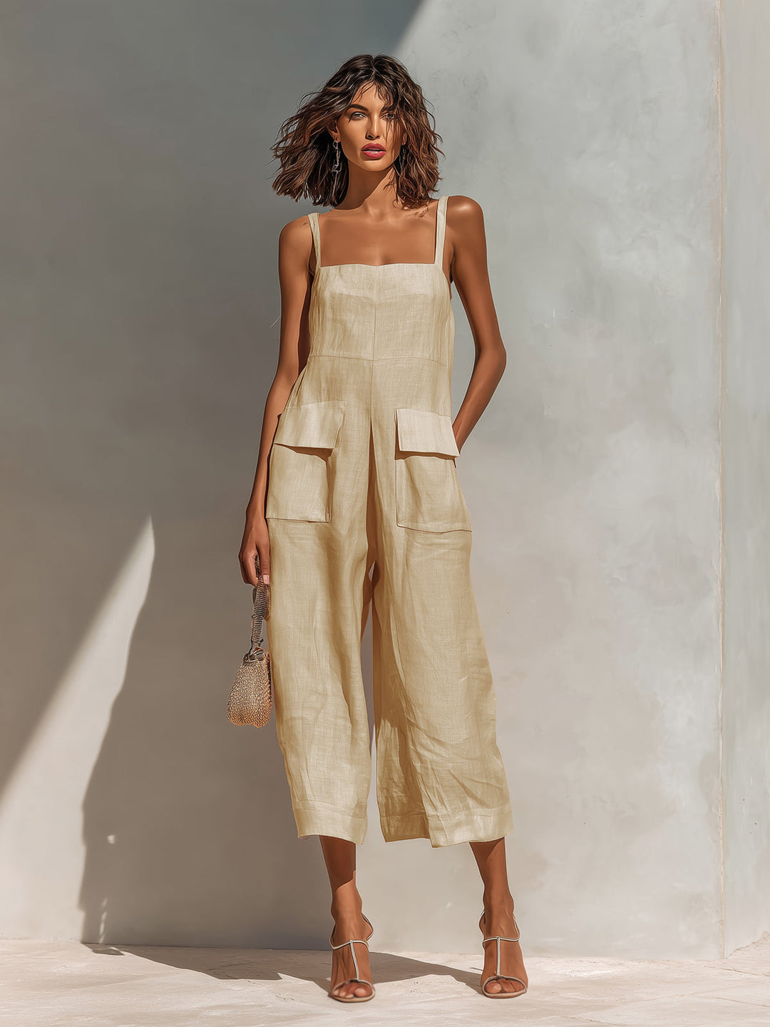 Tuta elegante senza maniche gamba larga beige