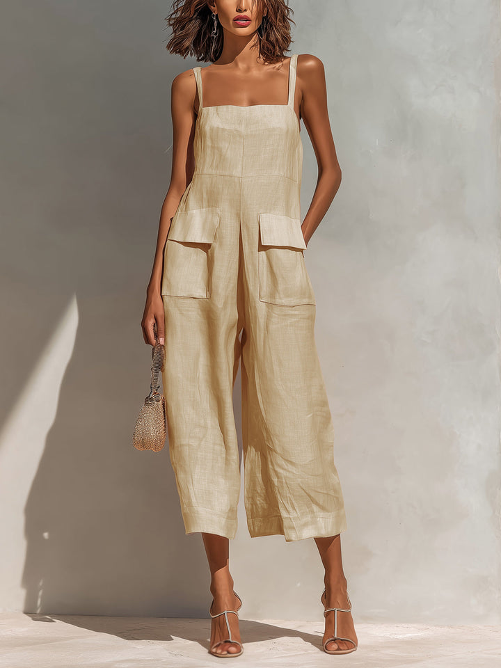Tuta elegante senza maniche gamba larga beige