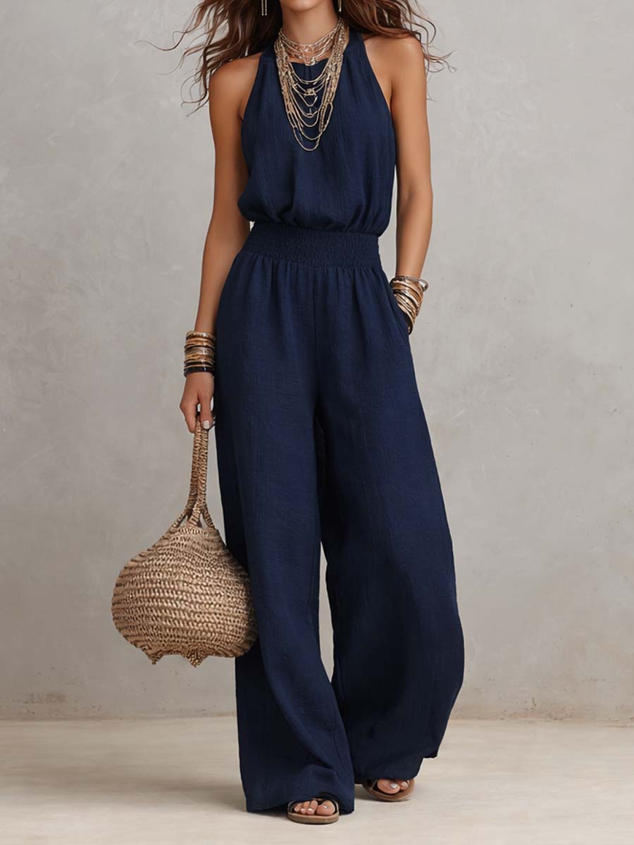 Federica - Tuta con Collo Halter e Pantalone Ampio - Blu Navy