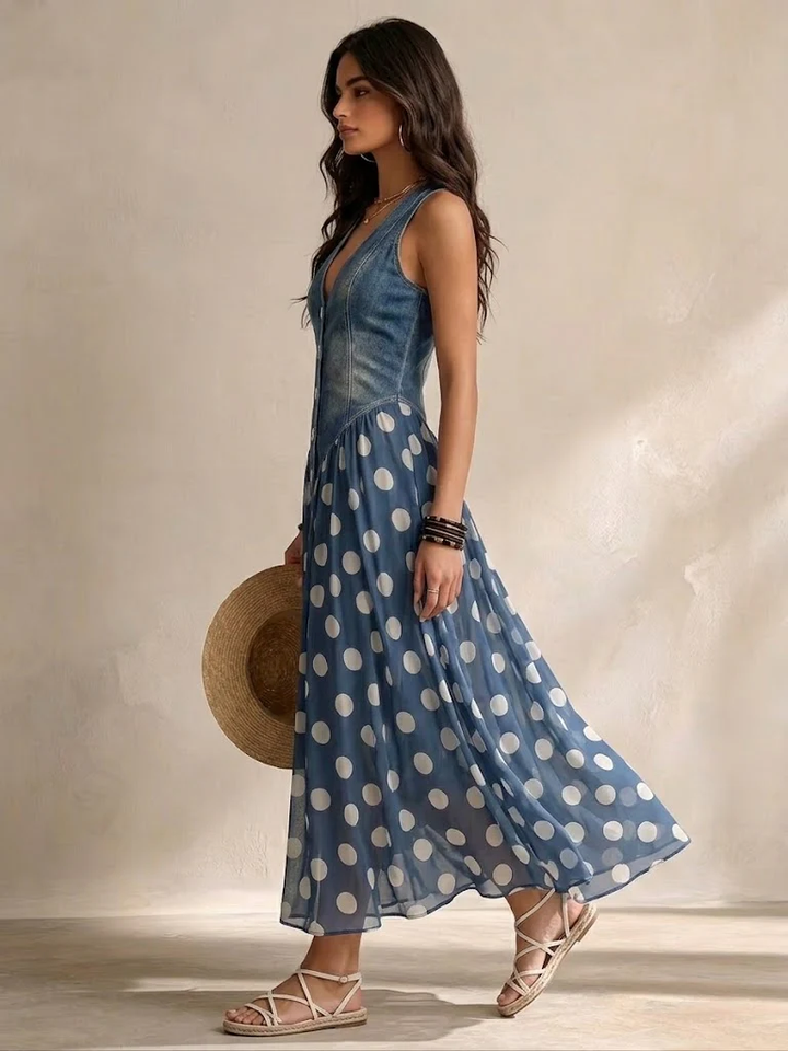Ornella - Abito Lungo Denim a Pois, dettaglio
