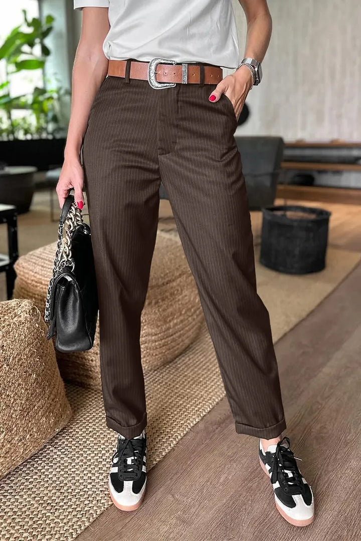 Pantaloni eleganti modellanti a righe, marrone