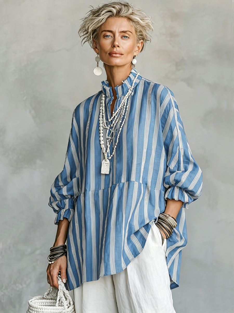 Blusa a righe collo coreano - blu