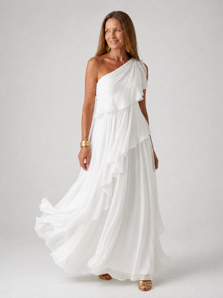Talia - Abito Maxi con Balze a Cascata - Bianco