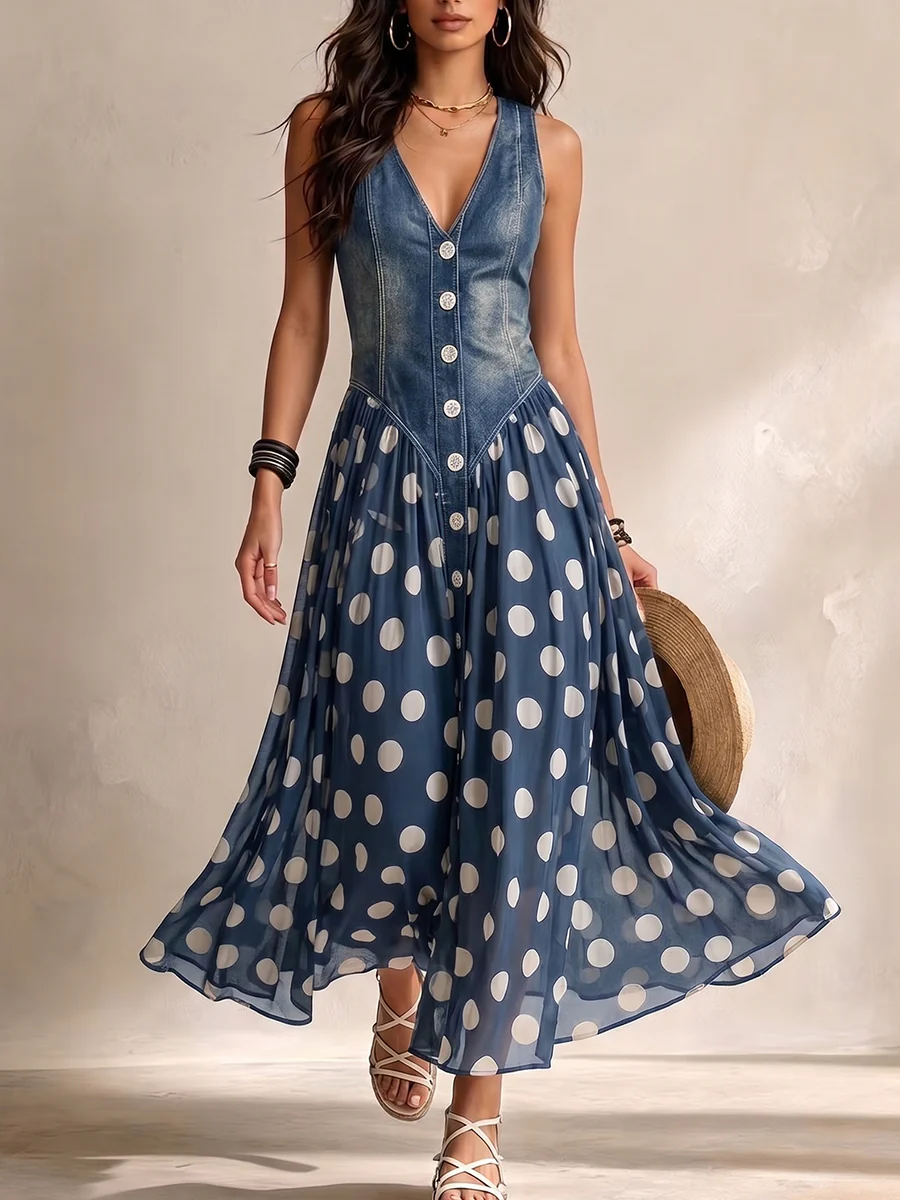 Ornella - Abito Lungo Denim a Pois, colore Blu