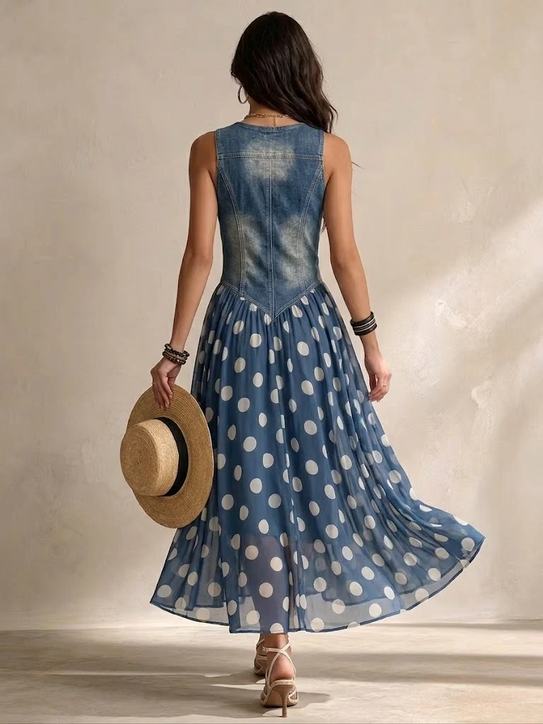Ornella - Abito Lungo Denim a Pois, dettaglio