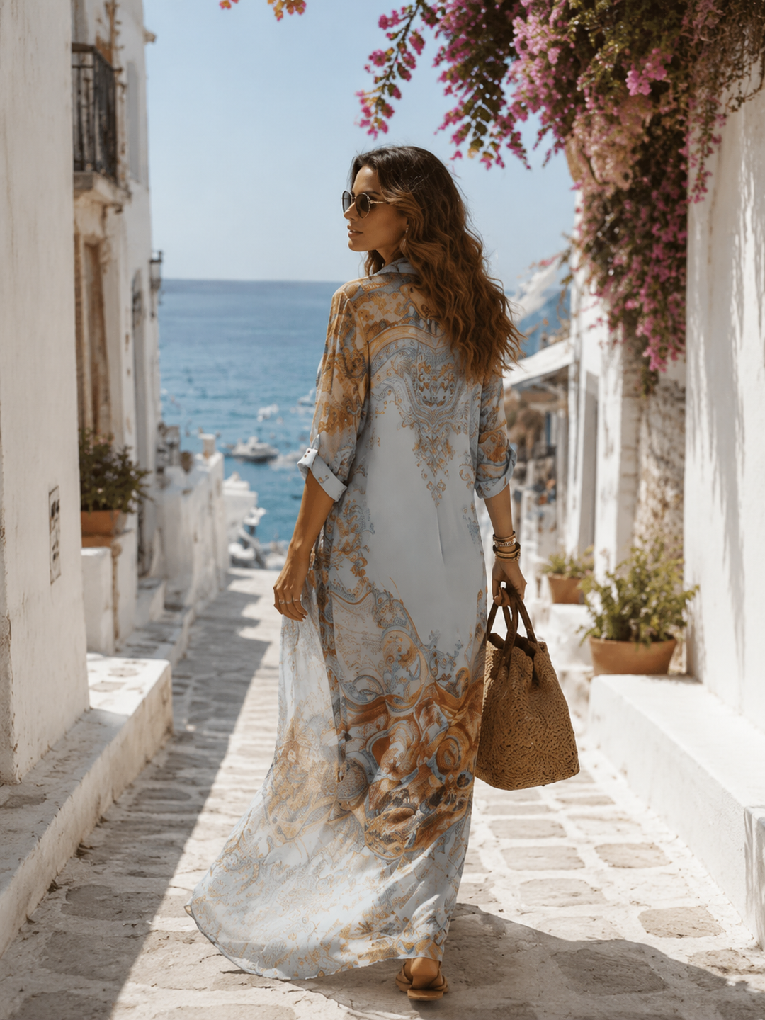 Abito Maxi In Chiffon Blu A Fiori Stile Barocco