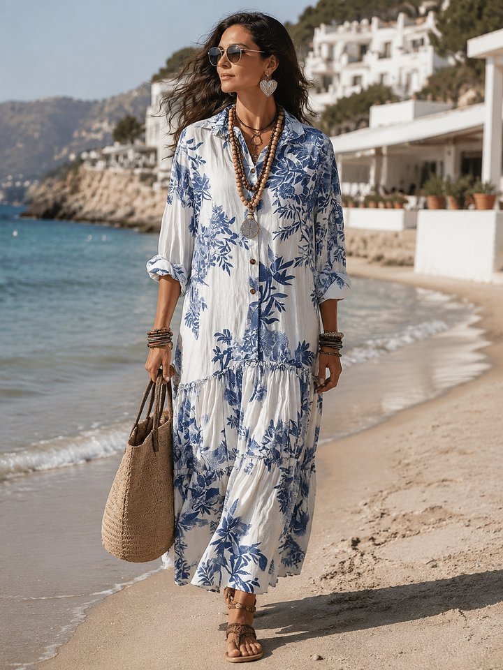 Adriana | Abito Lungo Bohémien a Fiori Azzurri