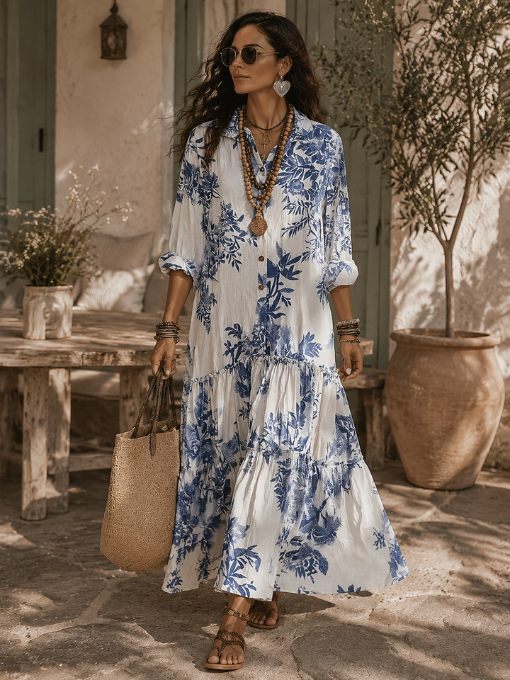 Abito Maxi Bohémien A Fiori Blu Con Abbottonatura Frontale