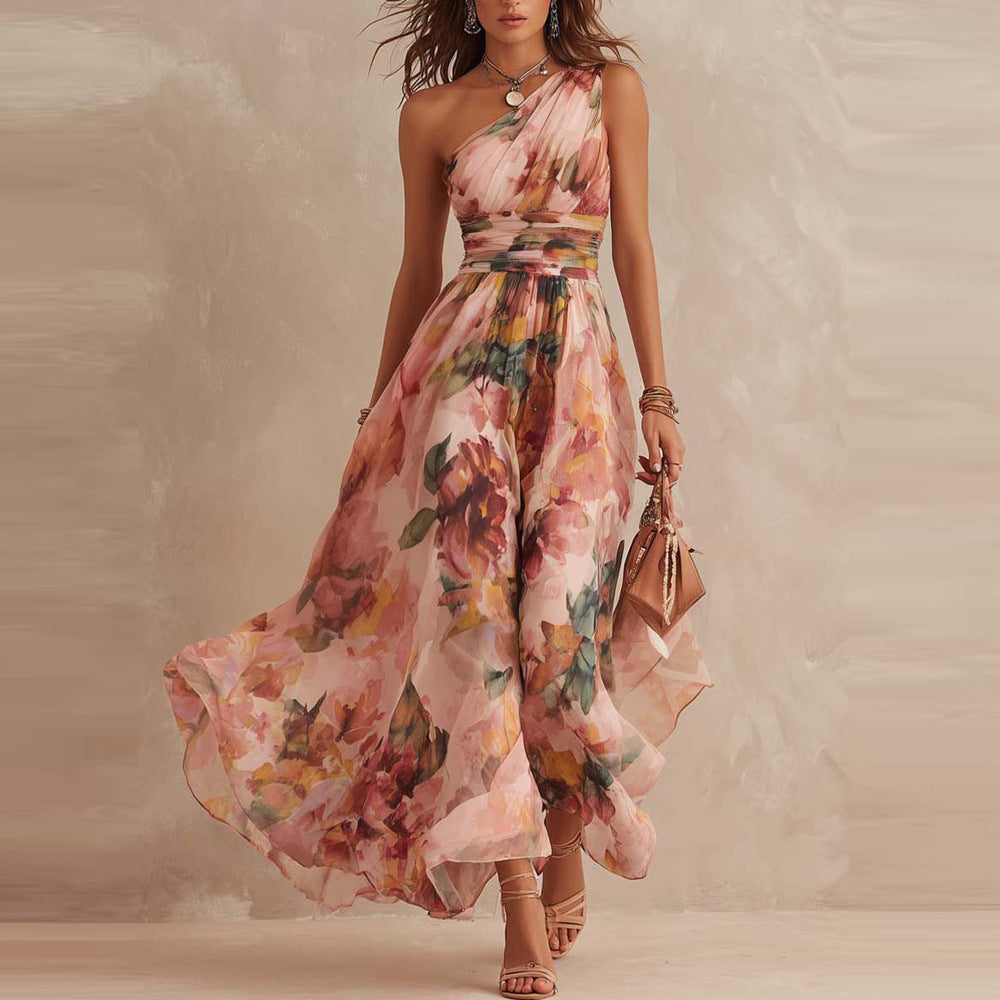 Serena - Abito Floreale Monospalla - Rosa