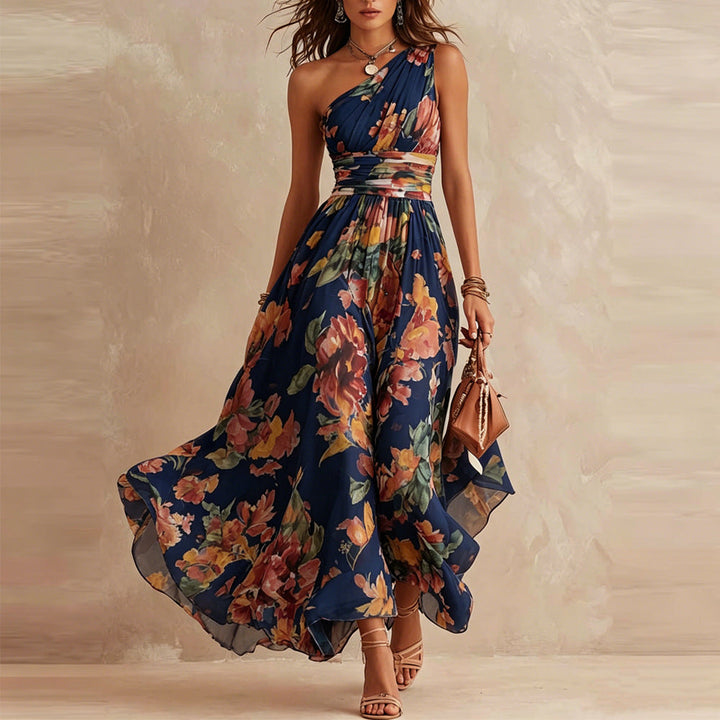 Serena - Abito Floreale Monospalla - Blu Navy