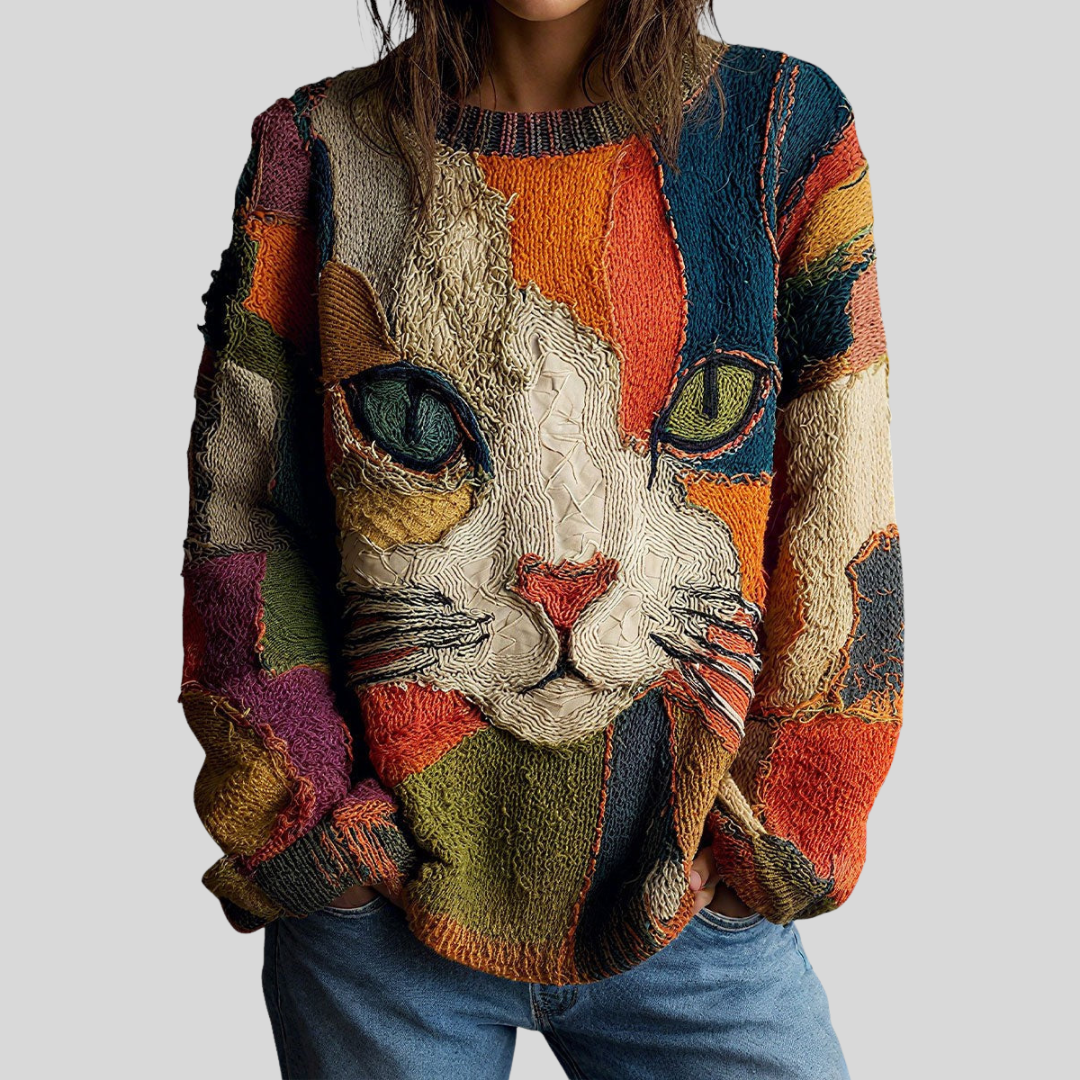 Cristina | Top Artistico con Gatto - Blu Navy Multicolore