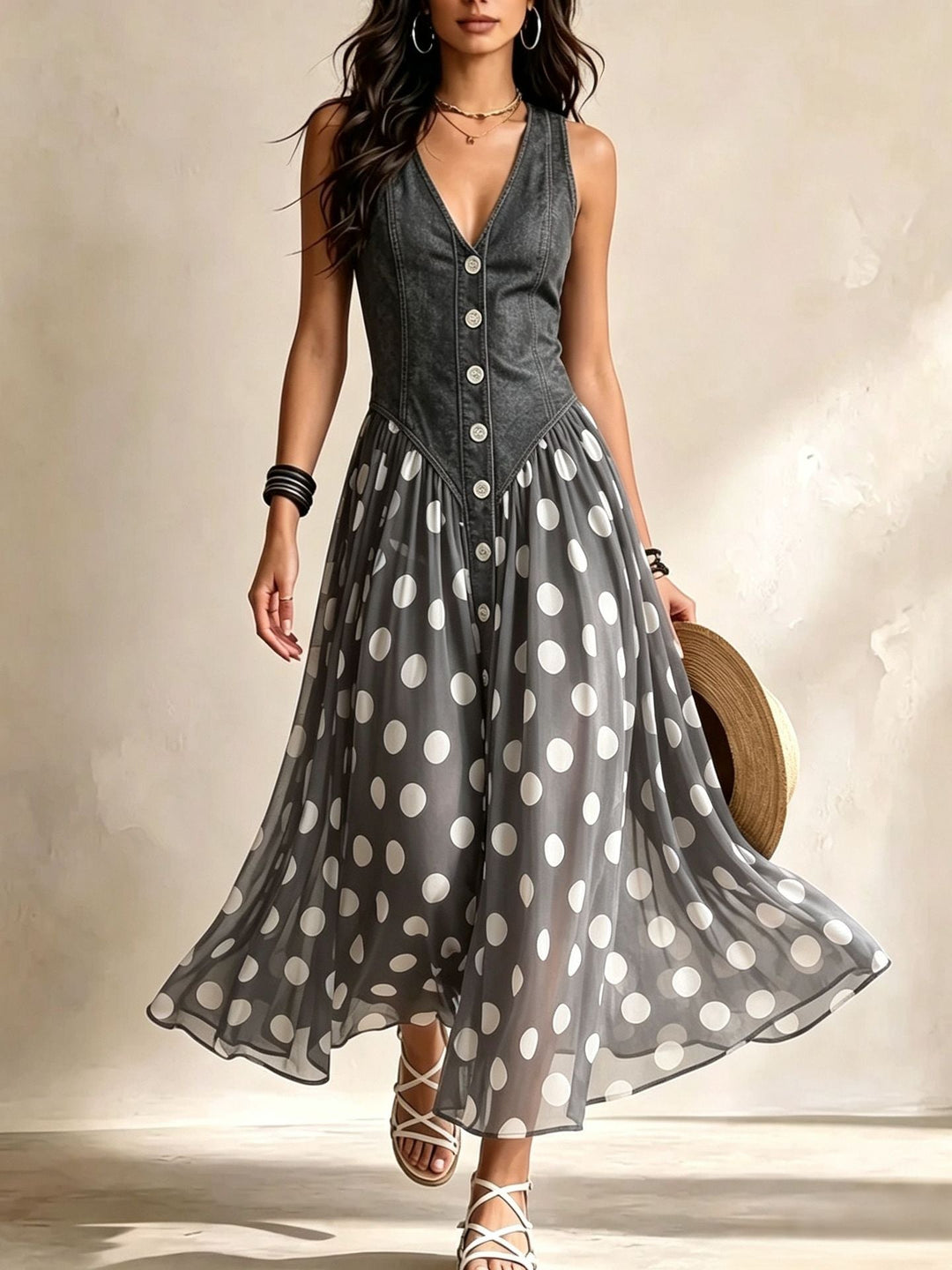 Ornella - Abito Lungo Denim a Pois, colore Grigio