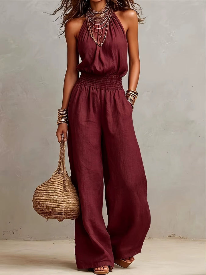 Federica - Tuta con Collo Halter e Pantalone Ampio - Bordeaux