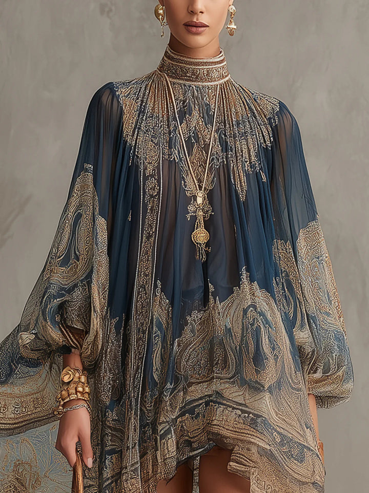 Marianna | Mini abito in chiffon blu navy con stampa barocca dorata