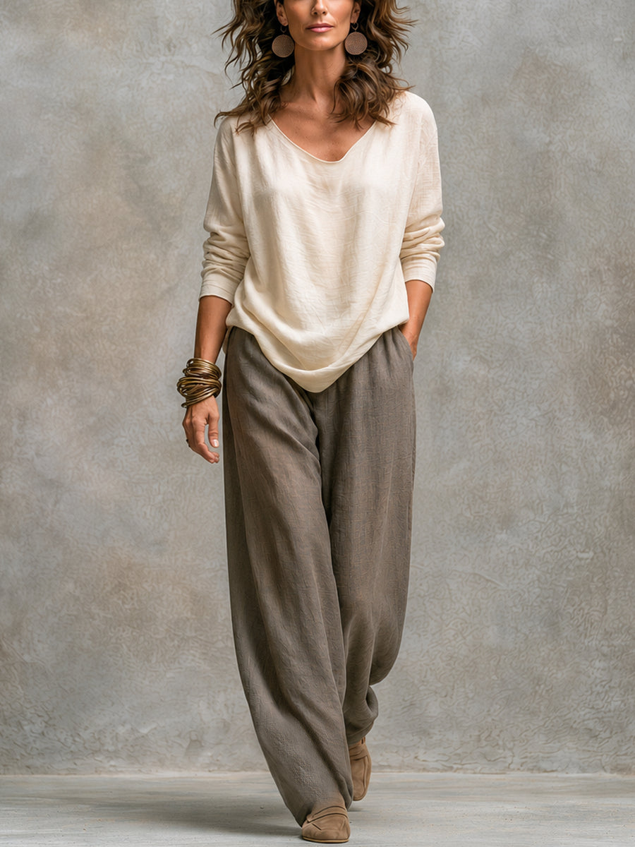 Donatella | Completo tre pezzi beige-grigio con cardigan lungo e pantaloni ampi