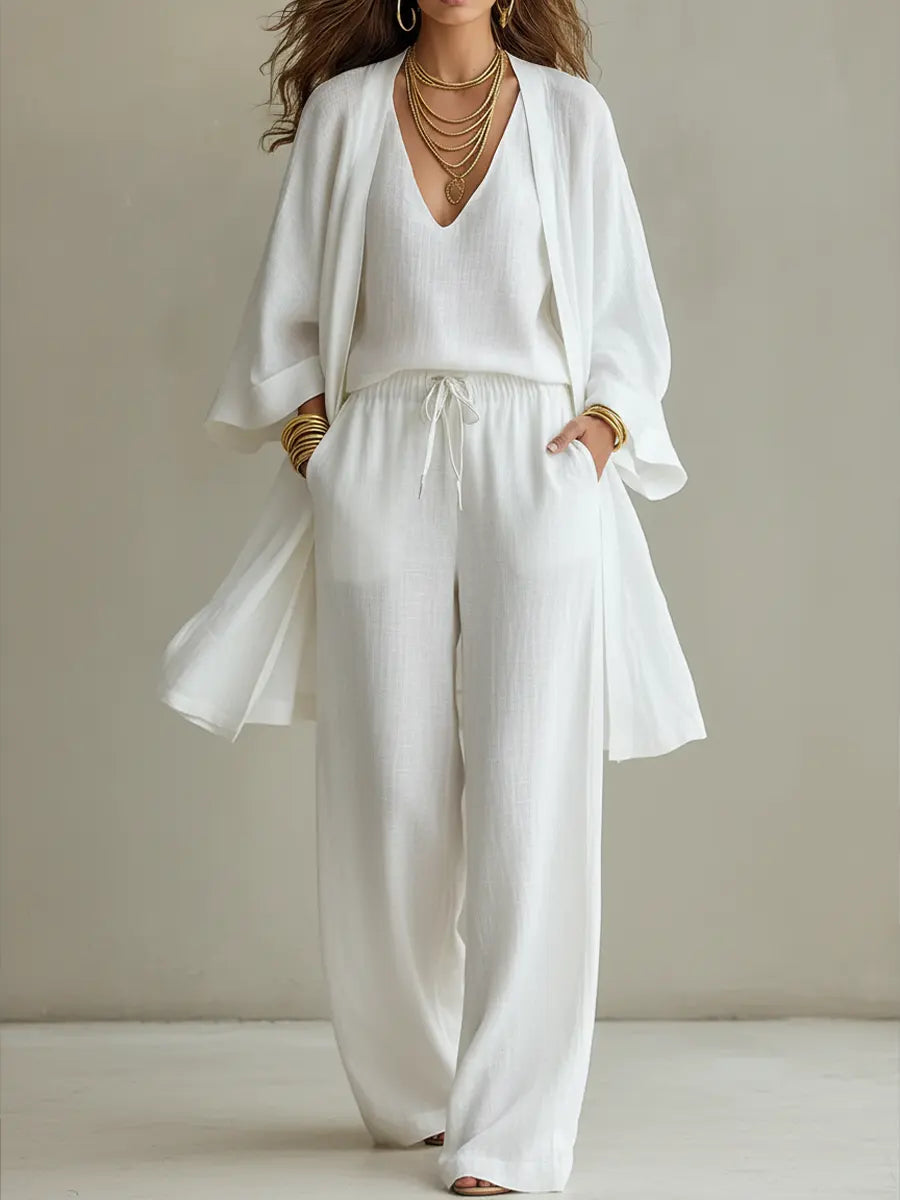 Ornella | Completo Casual in Lino a 3 Pezzi - Bianco