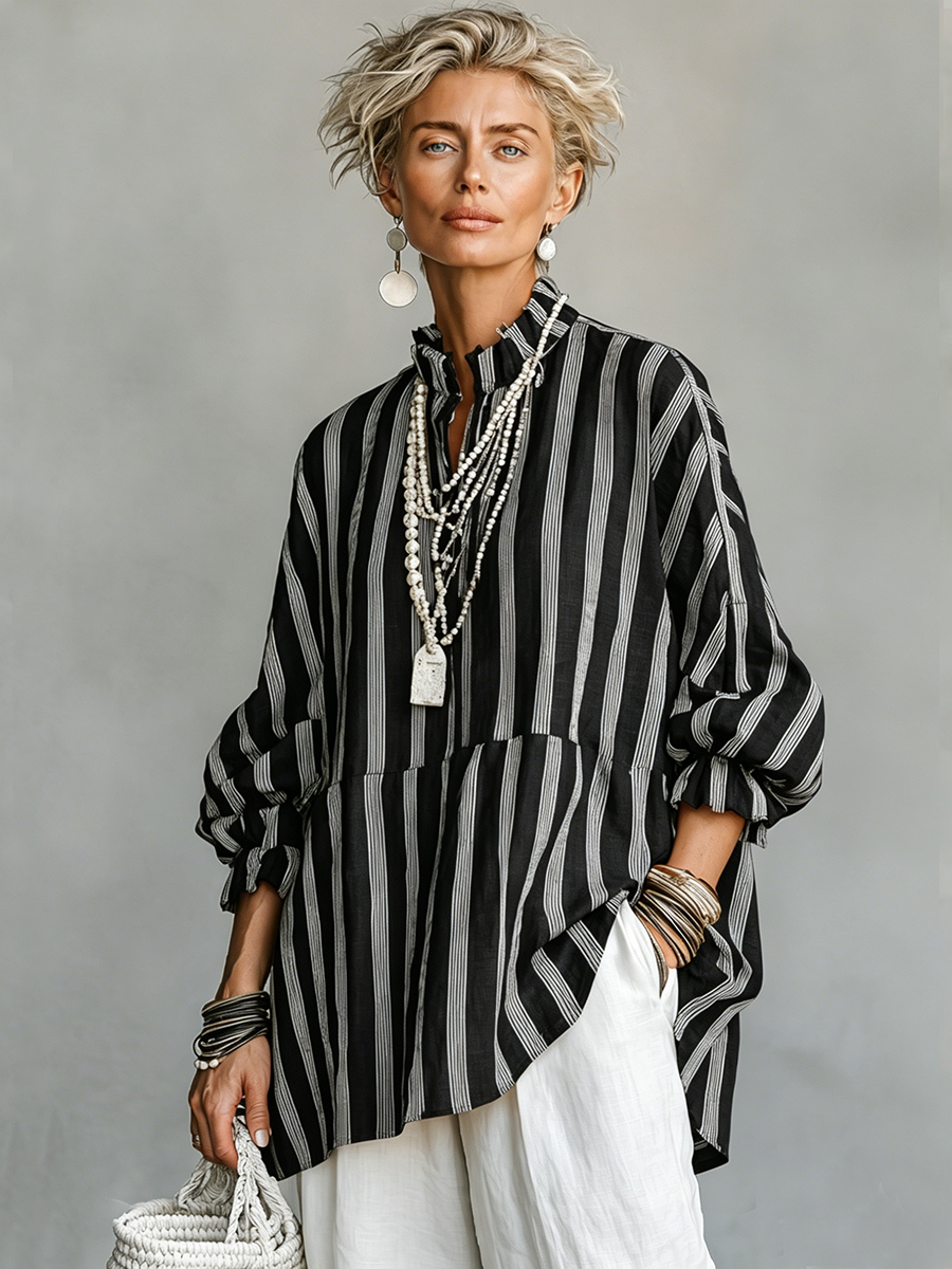 Blusa a righe collo coreano - nero