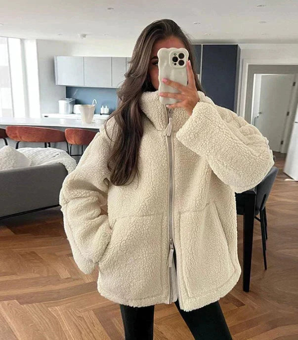 Giacca Teddy Oversize Collo Alto - Beige