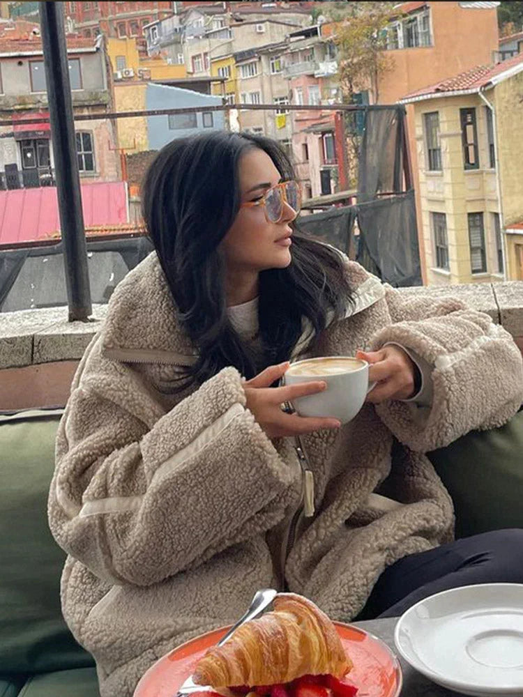 Giacca Teddy Oversize Collo Alto - Caffè
