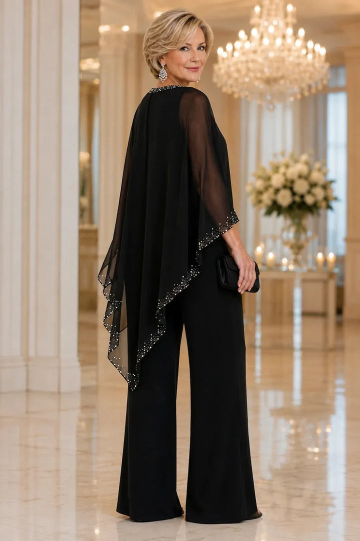 Completo Elegante Con Mantella In Chiffon Perlinata E Pantaloni A Gamba Larga