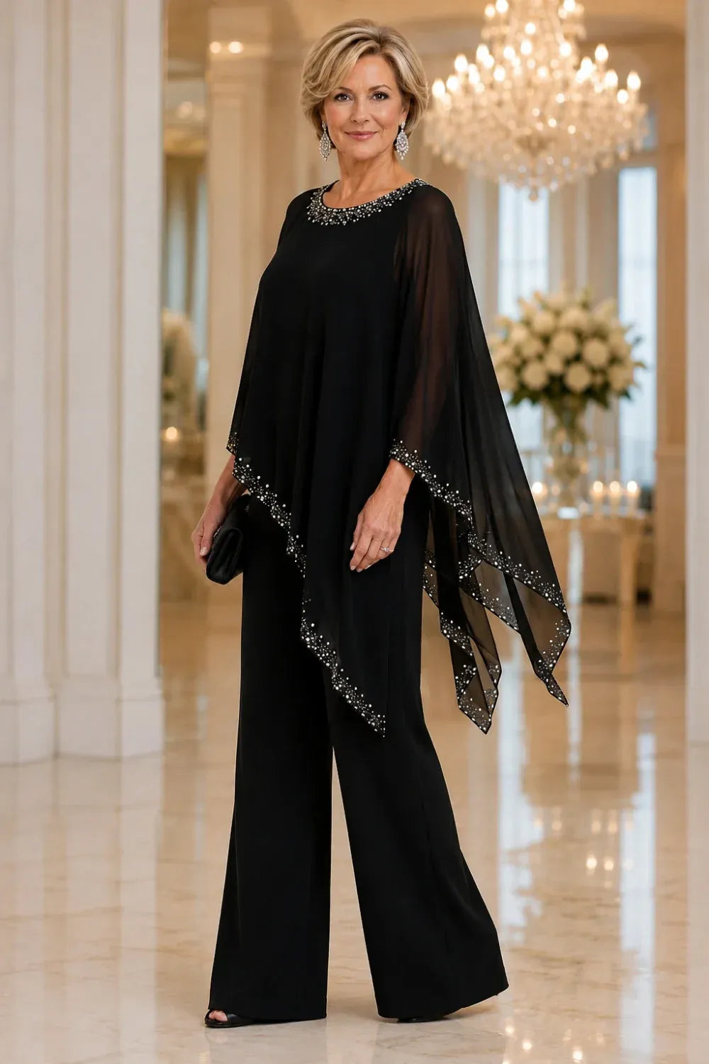 Completo Elegante Con Mantella In Chiffon Perlinata E Pantaloni A Gamba Larga