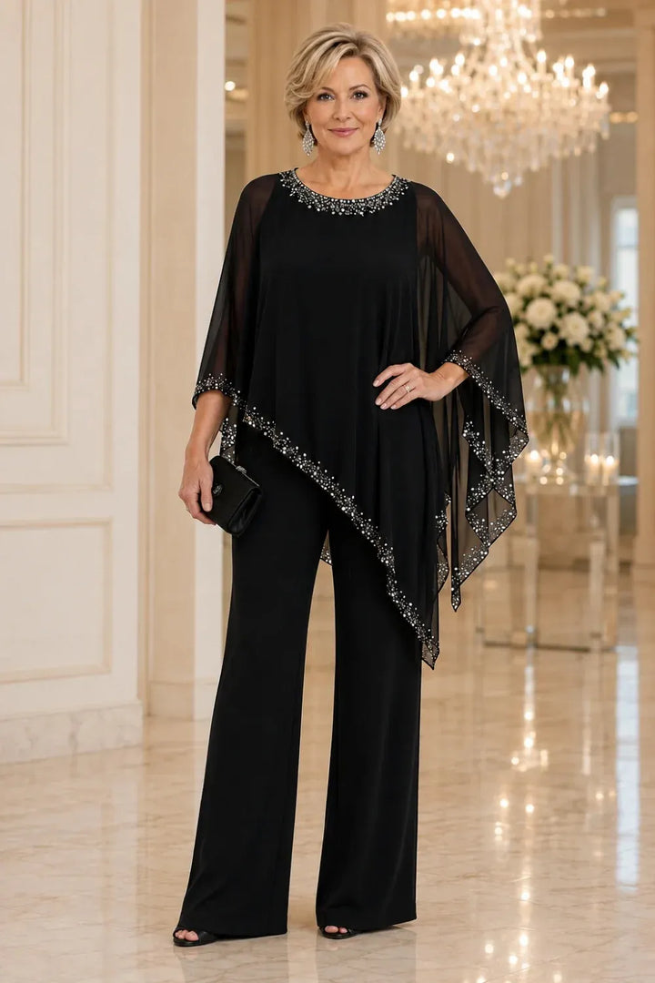 Completo Elegante Con Mantella In Chiffon Perlinata E Pantaloni A Gamba Larga