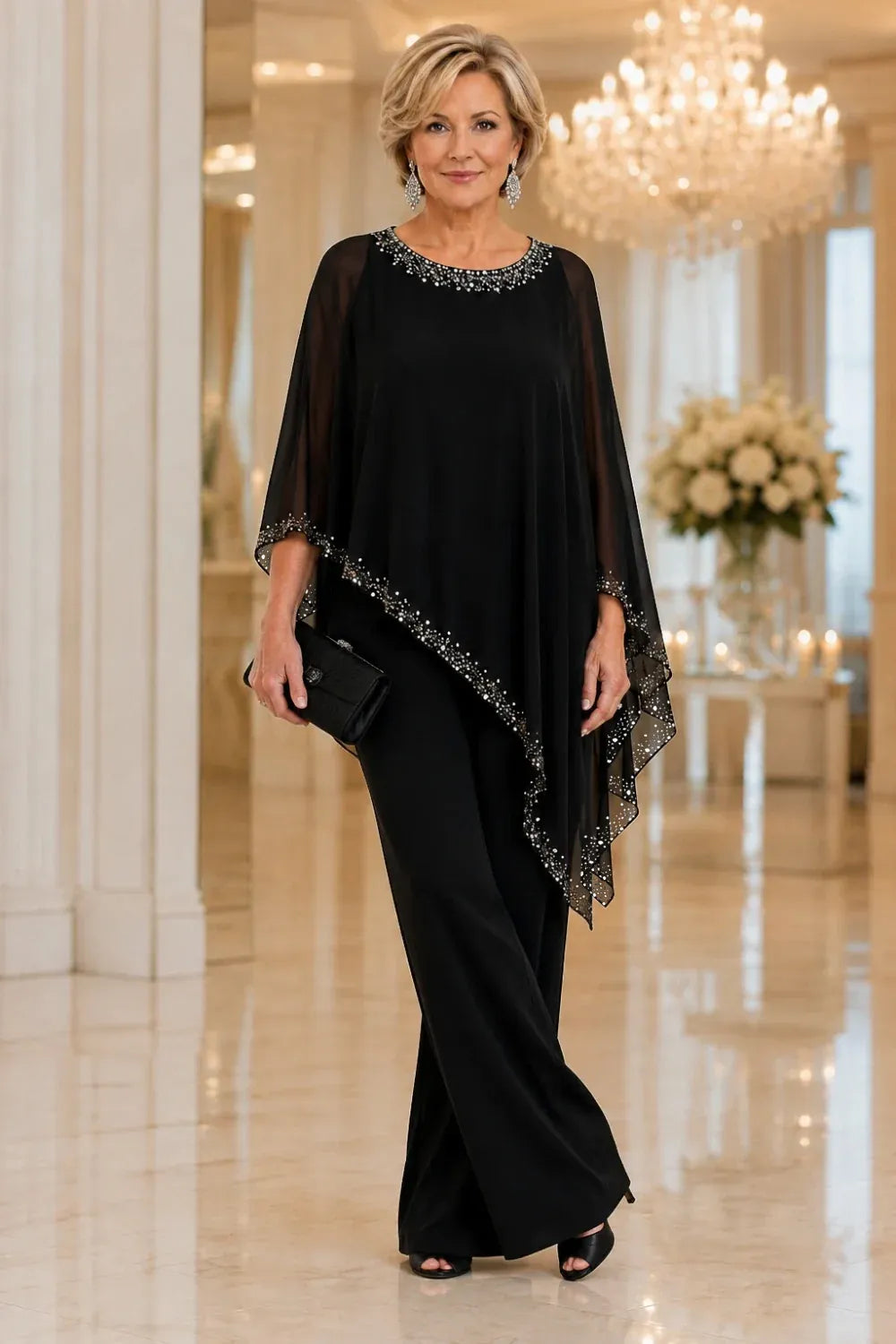 Completo Elegante Con Mantella In Chiffon Perlinata E Pantaloni A Gamba Larga