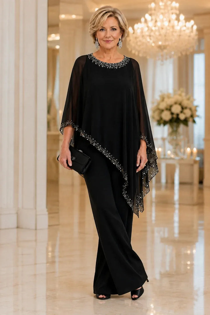 Completo Elegante Con Mantella In Chiffon Perlinata E Pantaloni A Gamba Larga