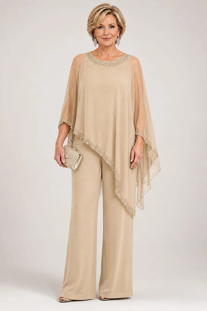 Completo Elegante Con Mantella In Chiffon Perlinata E Pantaloni A Gamba Larga