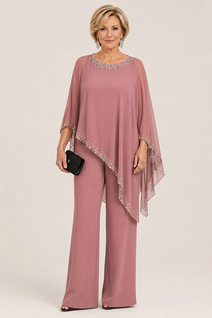 Completo Elegante Con Mantella In Chiffon Perlinata E Pantaloni A Gamba Larga