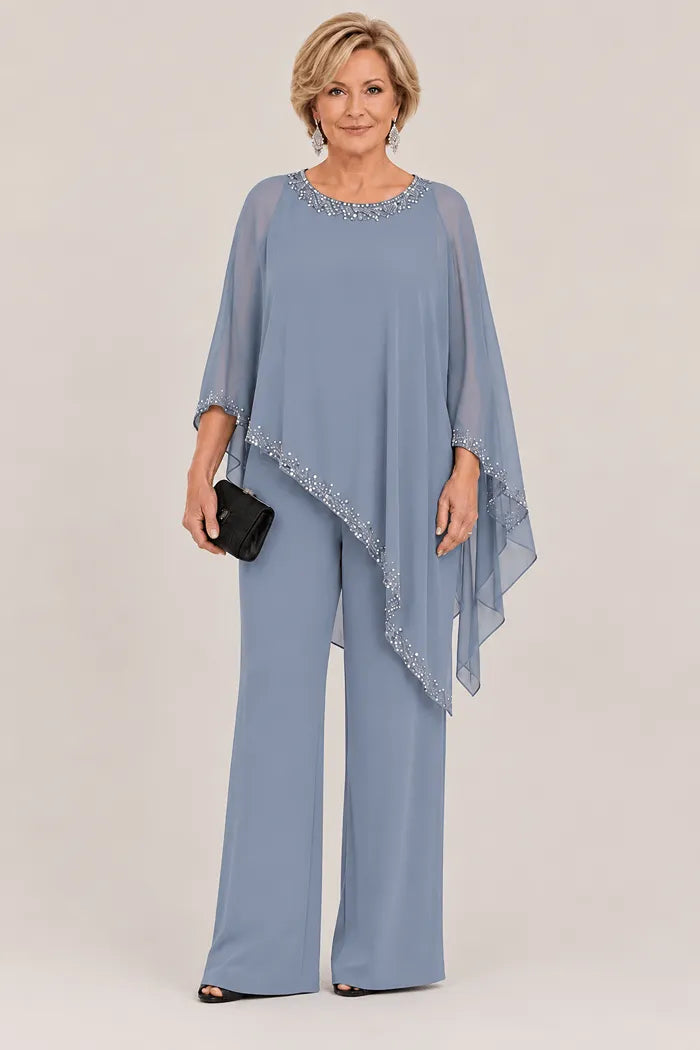 Completo Elegante Con Mantella In Chiffon Perlinata E Pantaloni A Gamba Larga
