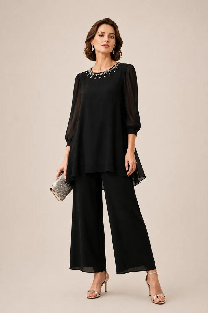 Completo In Chiffon A Strati Perlinato Con Maniche A Tre Quarti