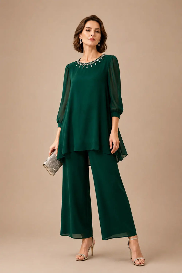 Completo In Chiffon A Strati Perlinato Con Maniche A Tre Quarti