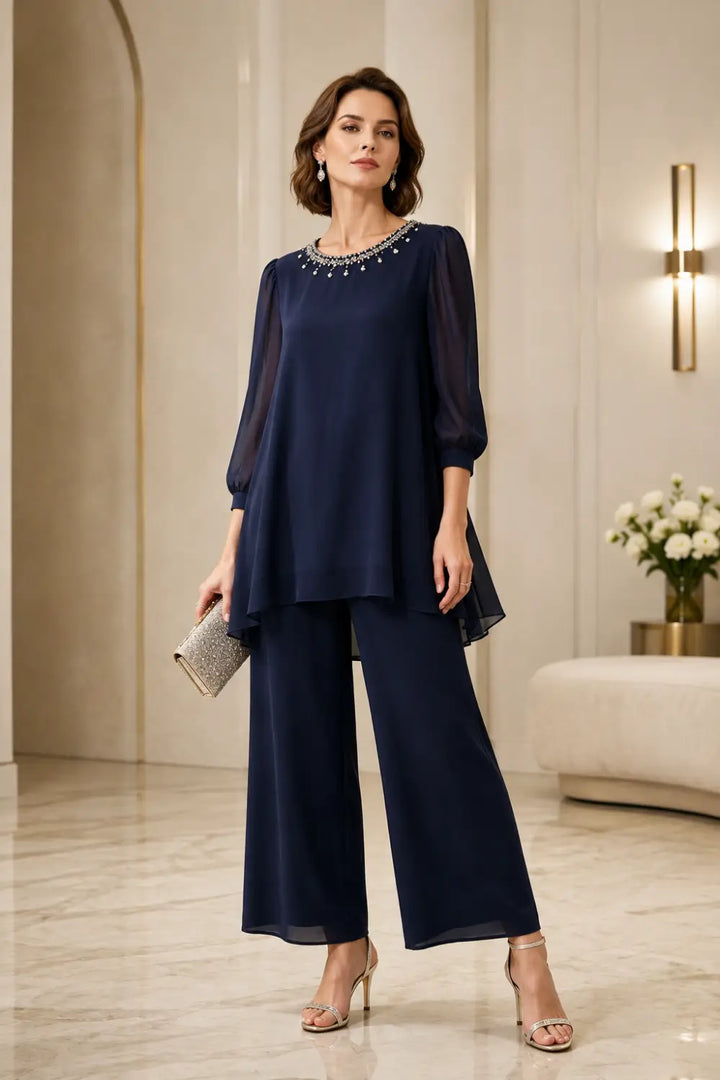 Completo In Chiffon A Strati Perlinato Con Maniche A Tre Quarti
