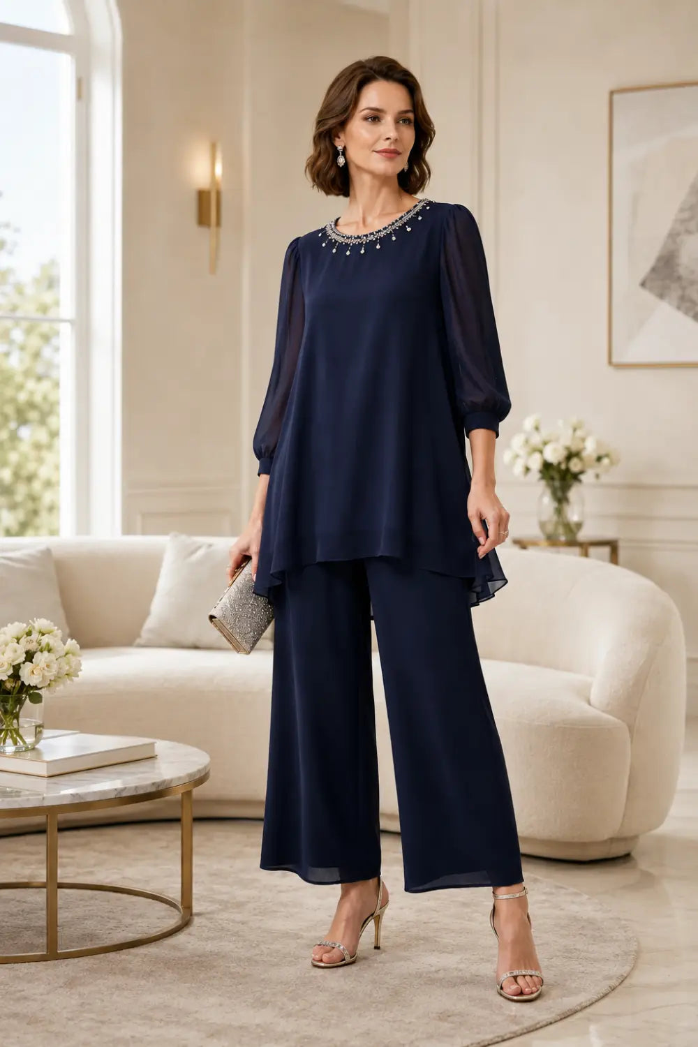 Completo In Chiffon A Strati Perlinato Con Maniche A Tre Quarti