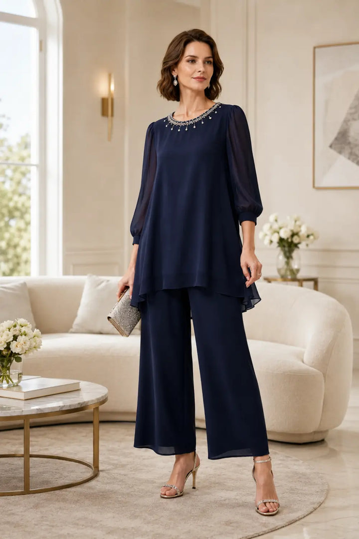 Completo In Chiffon A Strati Perlinato Con Maniche A Tre Quarti