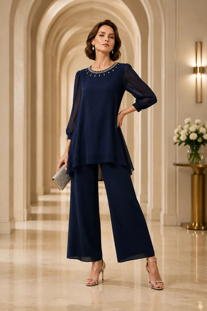 Completo In Chiffon A Strati Perlinato Con Maniche A Tre Quarti