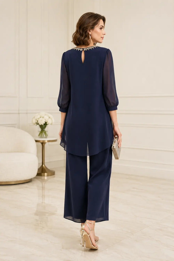 Completo In Chiffon A Strati Perlinato Con Maniche A Tre Quarti