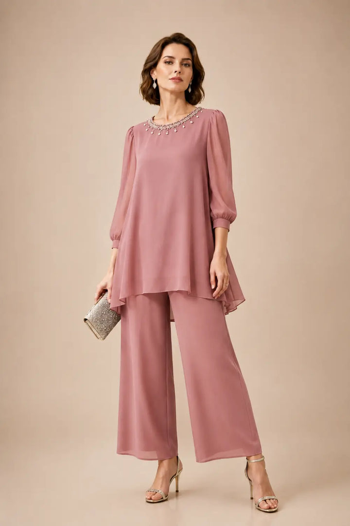 Completo In Chiffon A Strati Perlinato Con Maniche A Tre Quarti
