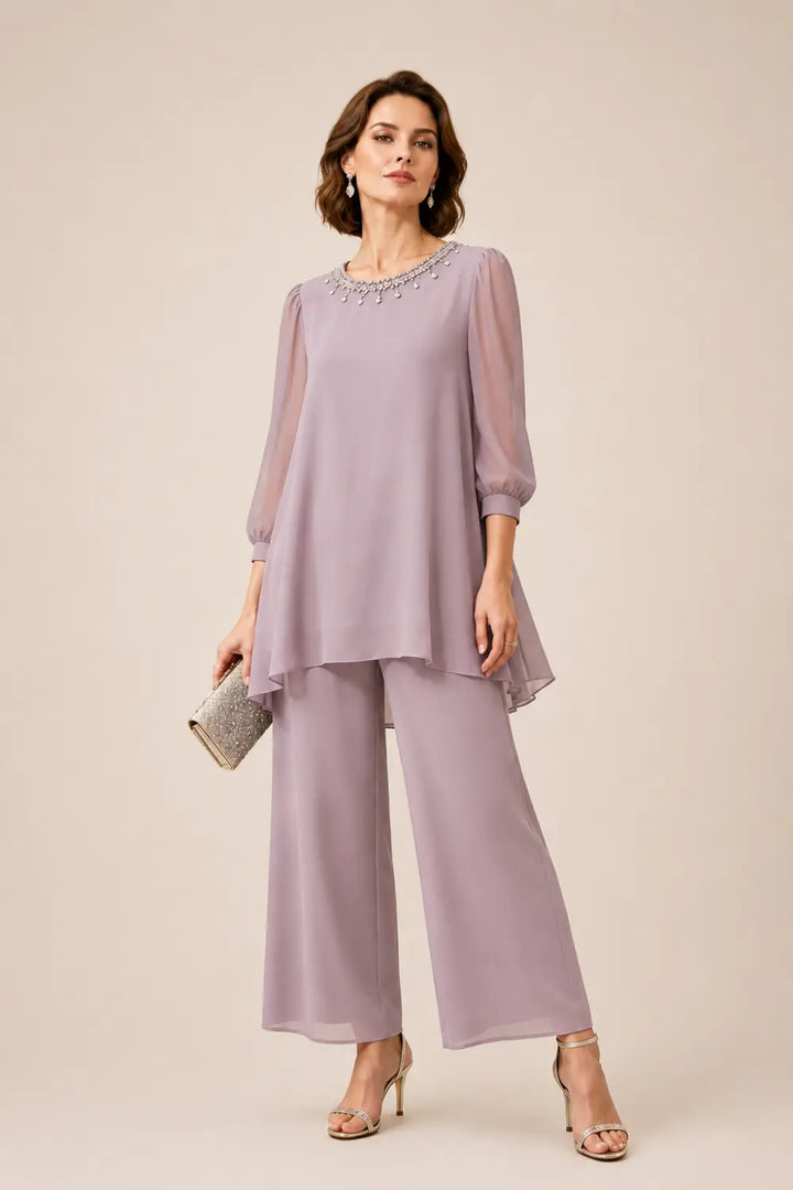 Completo In Chiffon A Strati Perlinato Con Maniche A Tre Quarti