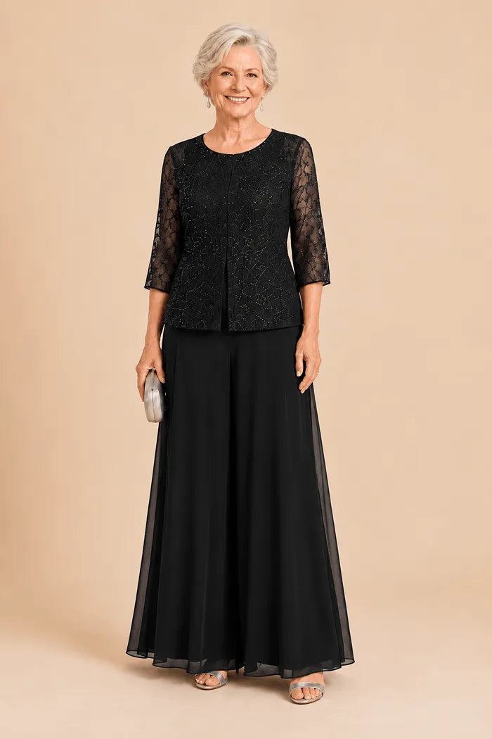 Completo Con Pantaloni Culotte In Pizzo Perlinato E Sovrapposizione In Chiffon