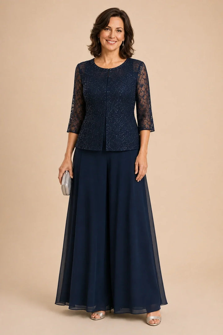 Completo Con Pantaloni Culotte In Pizzo Perlinato E Sovrapposizione In Chiffon