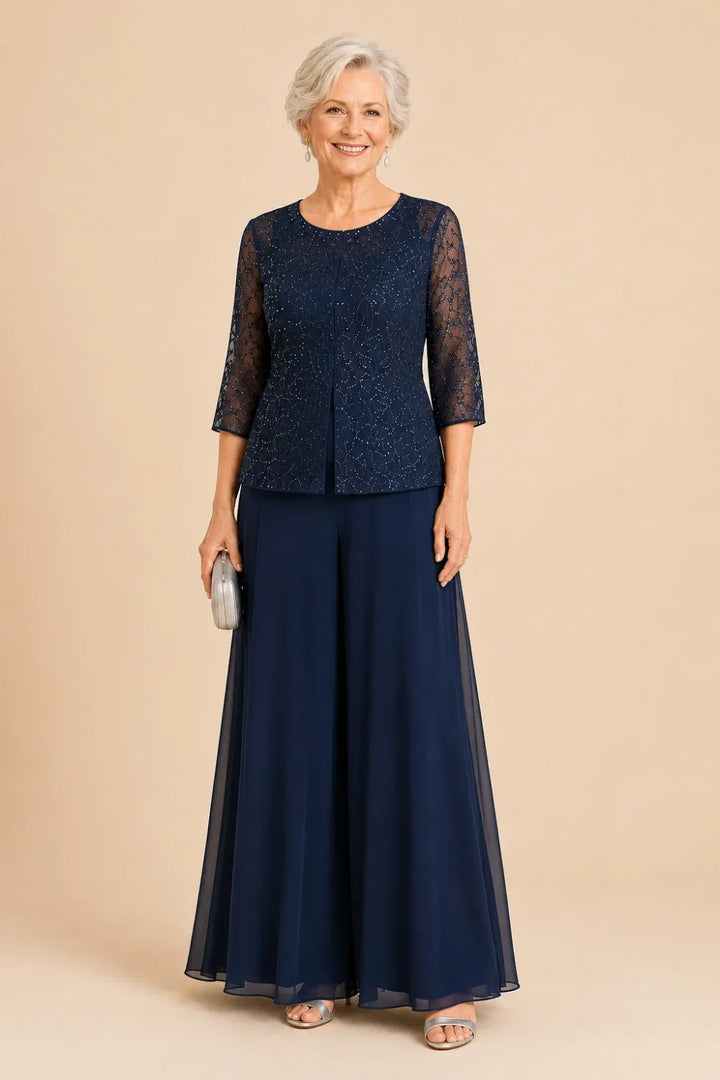 Completo Con Pantaloni Culotte In Pizzo Perlinato E Sovrapposizione In Chiffon
