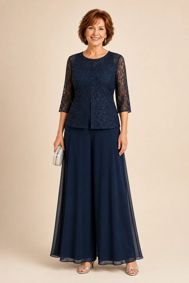 Completo Con Pantaloni Culotte In Pizzo Perlinato E Sovrapposizione In Chiffon