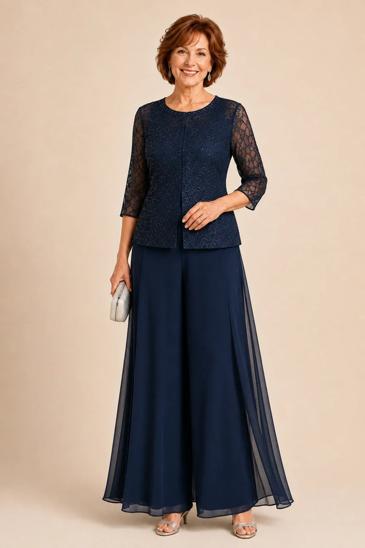 Completo Con Pantaloni Culotte In Pizzo Perlinato E Sovrapposizione In Chiffon