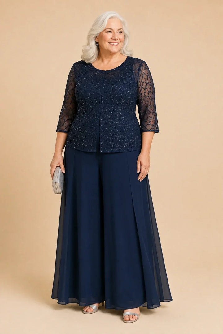 Completo Con Pantaloni Culotte In Pizzo Perlinato E Sovrapposizione In Chiffon